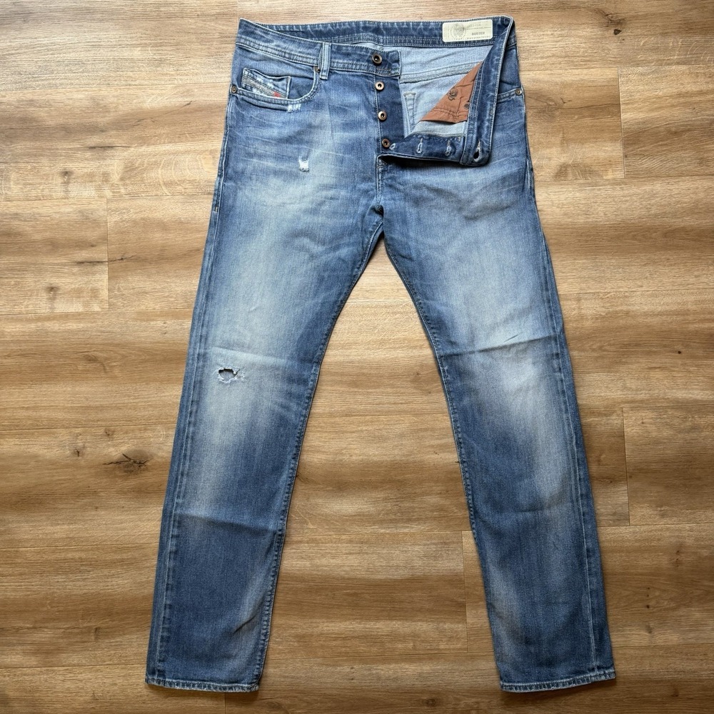 Diesel Buster Jeans Men 33x32 Blue Slim Tapered Stretch Thrashed Denim 084DD